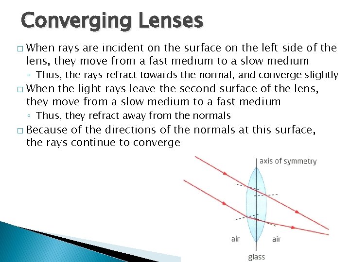 Converging Lenses � When rays are incident on the surface on the left side