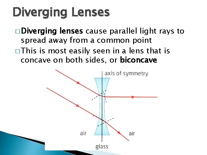 Diverging Lenses � Diverging lenses cause parallel light rays to spread away from a