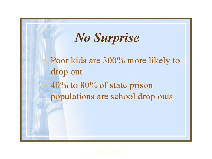 No Surprise • Poor kids are 300% more likely to drop out • 40%