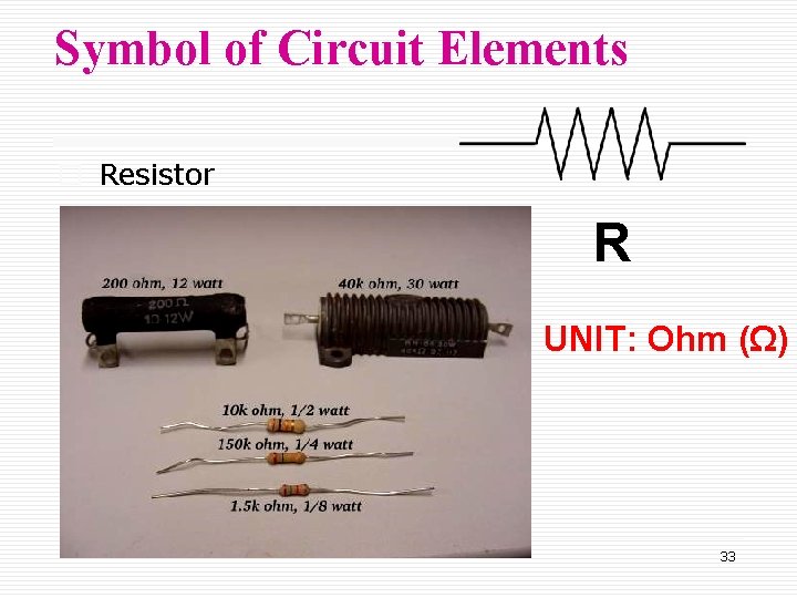 Symbol of Circuit Elements o Resistor R UNIT: Ohm (Ω) 33 