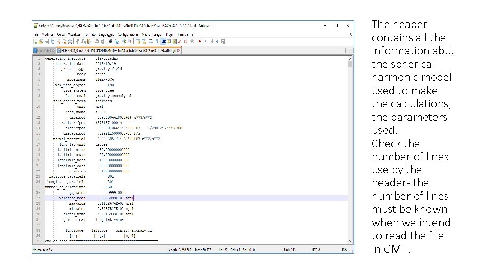 The header contains all the information abut the spherical harmonic model used to make