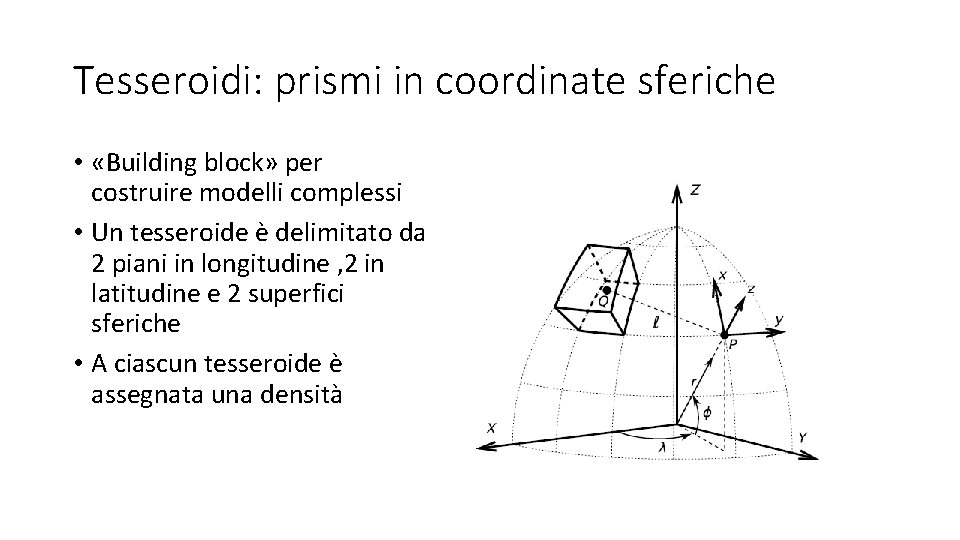 Tesseroidi: prismi in coordinate sferiche • «Building block» per costruire modelli complessi • Un