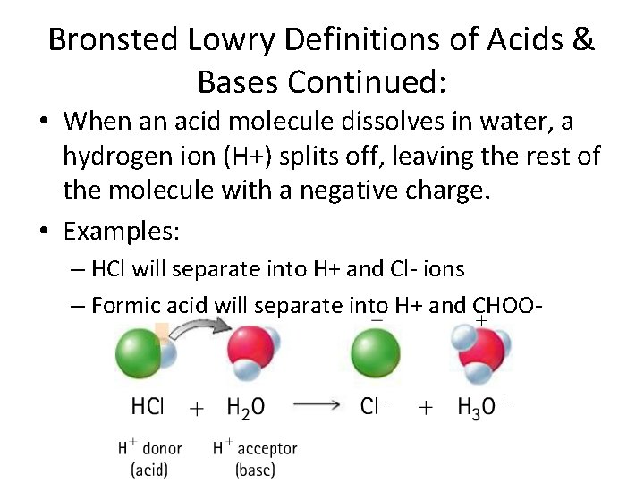 Bronsted Lowry Definitions of Acids & Bases Continued: • When an acid molecule dissolves