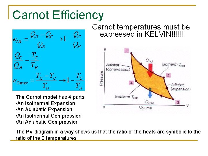 Carnot Efficiency Carnot temperatures must be expressed in KELVIN!!!!!! The Carnot model has 4