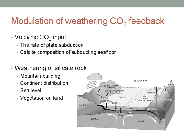 Modulation of weathering CO 2 feedback • Volcanic CO 2 input • The rate