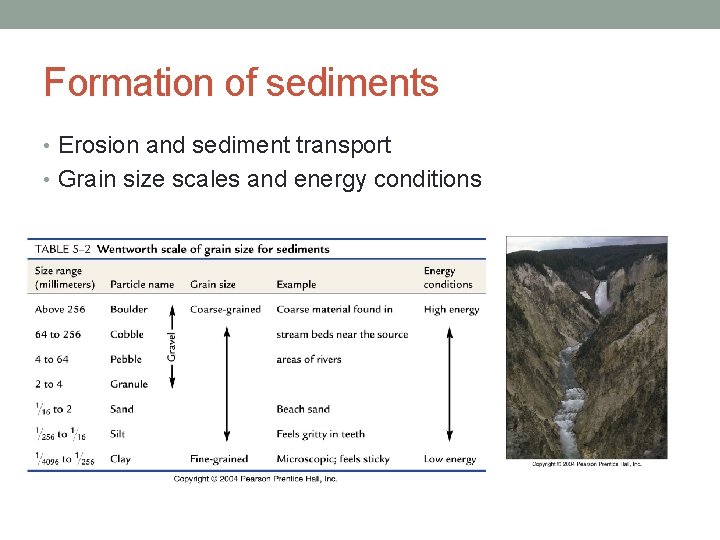 Formation of sediments • Erosion and sediment transport • Grain size scales and energy