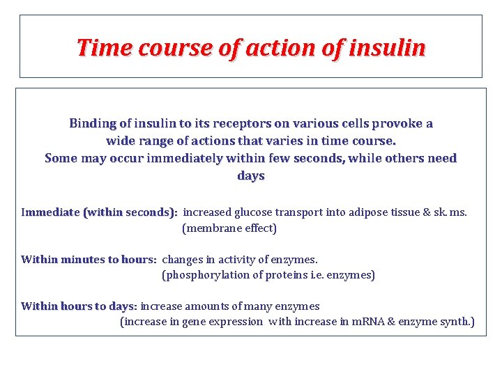 Time course of action of insulin Binding of insulin to its receptors on various