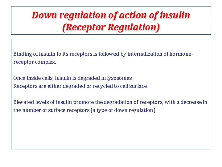 Down regulation of action of insulin (Receptor Regulation) Binding of insulin to its receptors