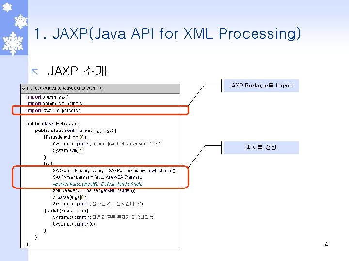 1. JAXP(Java API for XML Processing) ã JAXP 소개 JAXP Package를 Import 파서를 생성