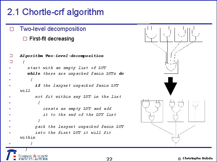 2. 1 Chortle-crf algorithm � Two-level decomposition � First-fit decreasing � � • •