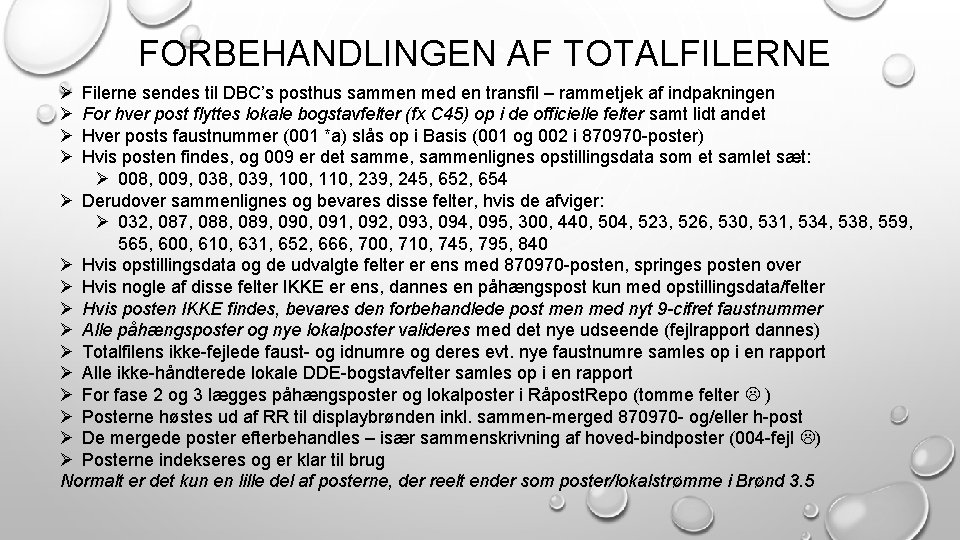 FORBEHANDLINGEN AF TOTALFILERNE Ø Ø Filerne sendes til DBC’s posthus sammen med en transfil
