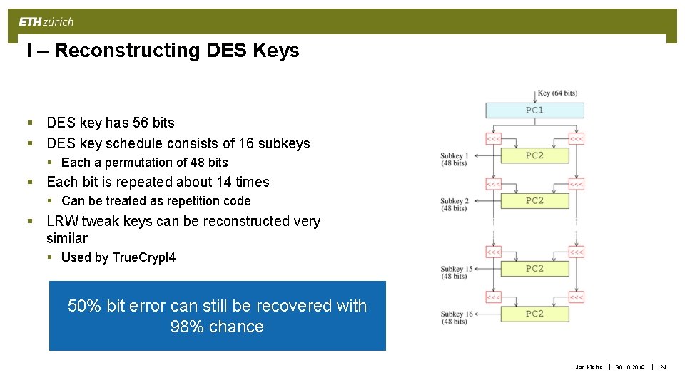 I – Reconstructing DES Keys § DES key has 56 bits § DES key