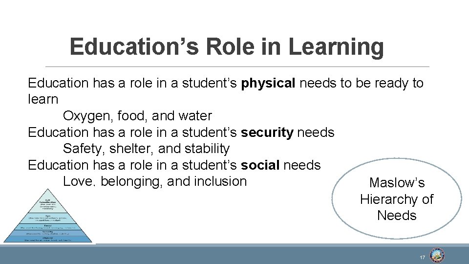 Education’s Role in Learning Education has a role in a student’s physical needs to