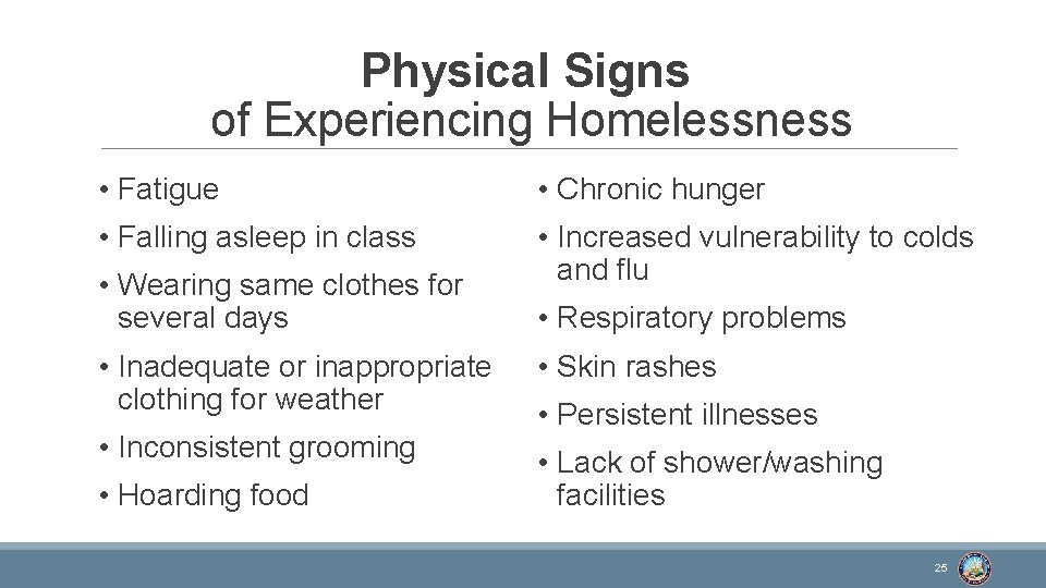 Physical Signs of Experiencing Homelessness • Fatigue • Chronic hunger • Falling asleep in