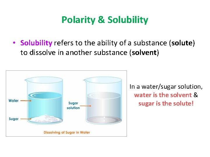 Polarity & Solubility • Solubility refers to the ability of a substance (solute) to