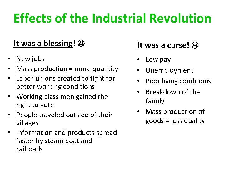 Effects of the Industrial Revolution It was a blessing! • New jobs • Mass