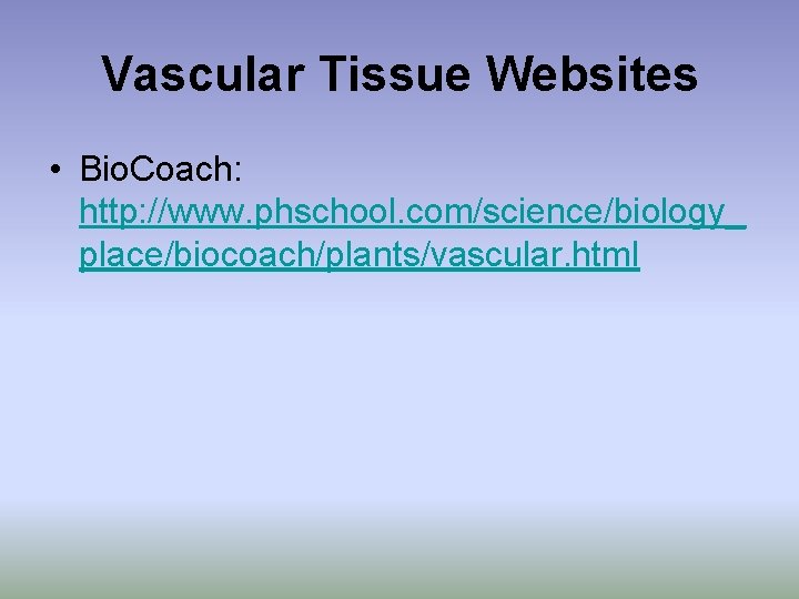 Vascular Tissue Websites • Bio. Coach: http: //www. phschool. com/science/biology_ place/biocoach/plants/vascular. html 