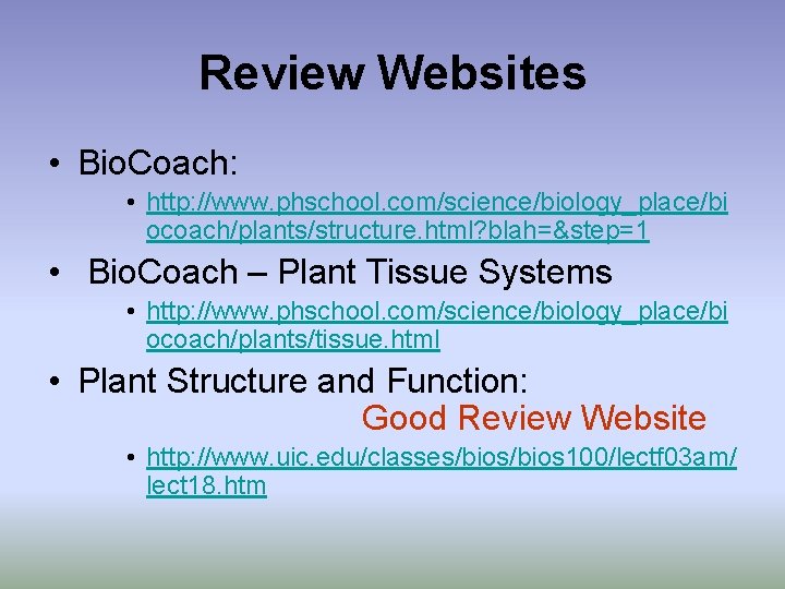 Review Websites • Bio. Coach: • http: //www. phschool. com/science/biology_place/bi ocoach/plants/structure. html? blah=&step=1 •