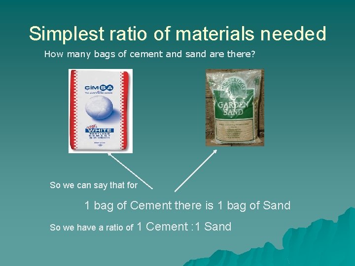 Simplest ratio of materials needed How many bags of cement and sand are there?