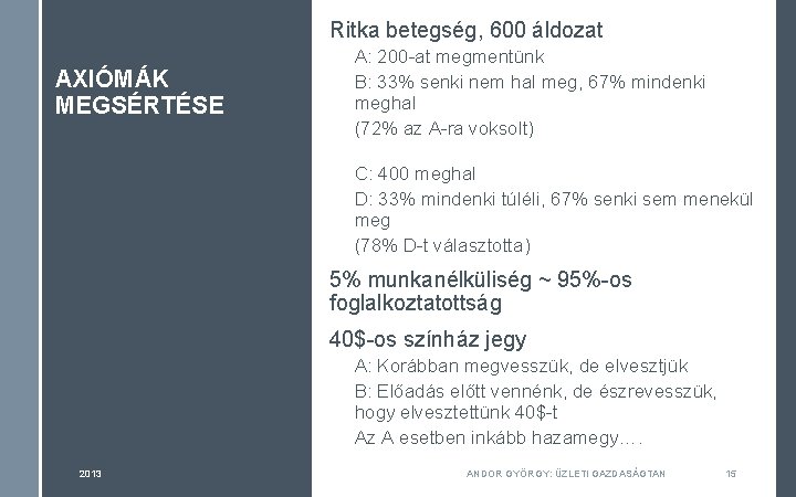 Ritka betegség, 600 áldozat AXIÓMÁK MEGSÉRTÉSE A: 200 -at megmentünk B: 33% senki nem