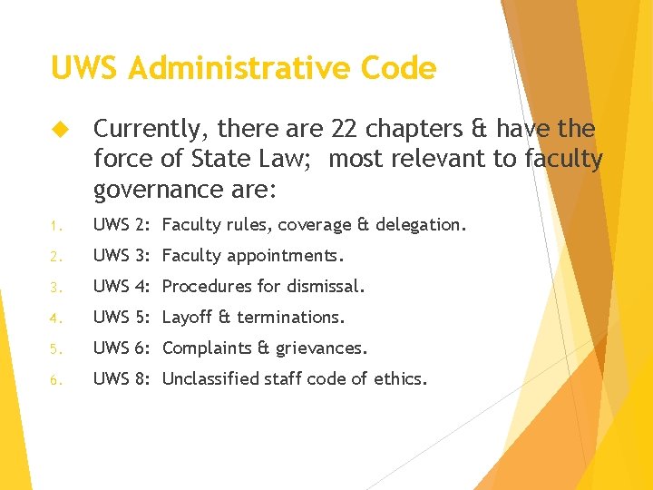 UWS Administrative Code Currently, there are 22 chapters & have the force of State