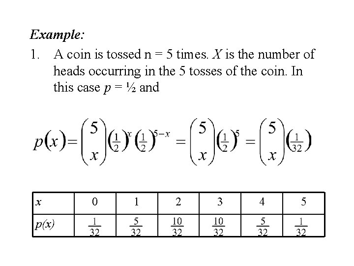 Example: 1. A coin is tossed n = 5 times. X is the number