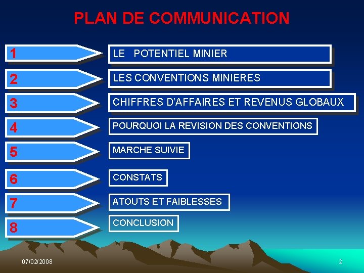 PLAN DE COMMUNICATION 1 LE POTENTIEL MINIER 2 LES CONVENTIONS MINIERES 3 CHIFFRES D’AFFAIRES