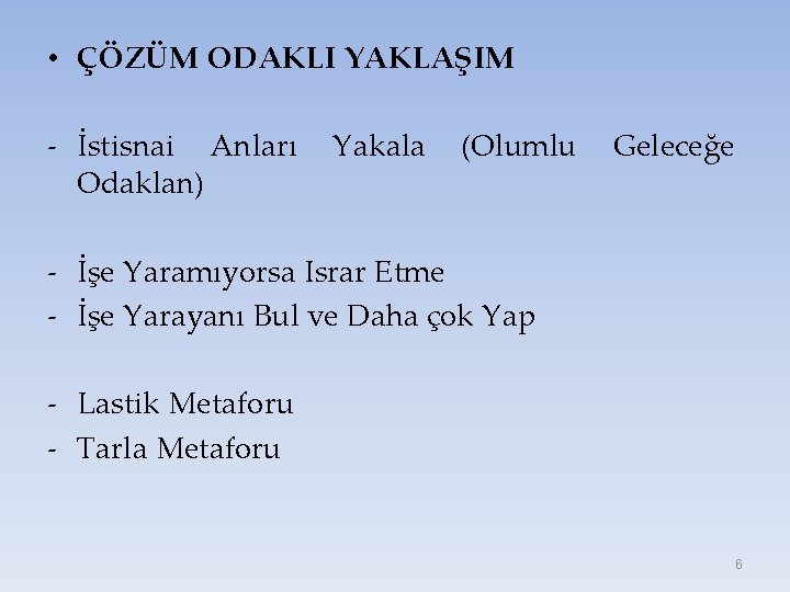  • ÇÖZÜM ODAKLI YAKLAŞIM - İstisnai Anları Odaklan) Yakala (Olumlu Geleceğe - İşe