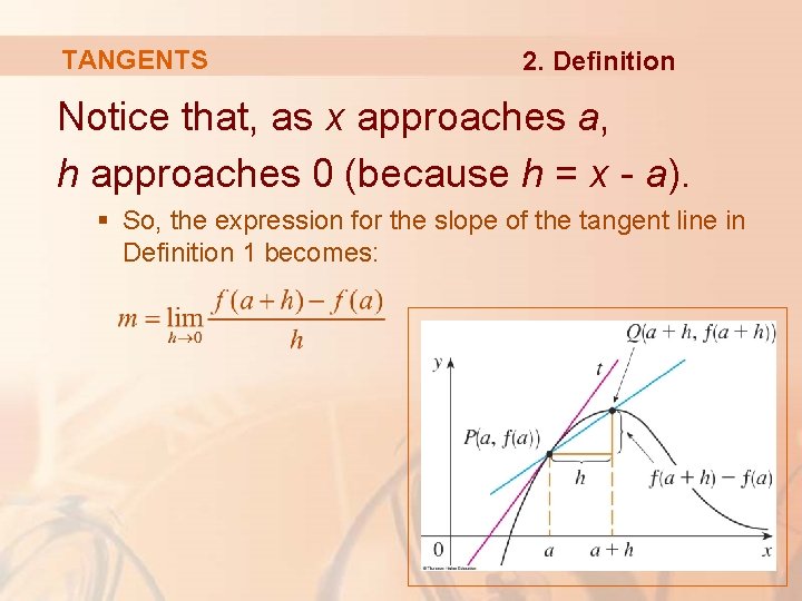 TANGENTS 2. Definition Notice that, as x approaches a, h approaches 0 (because h