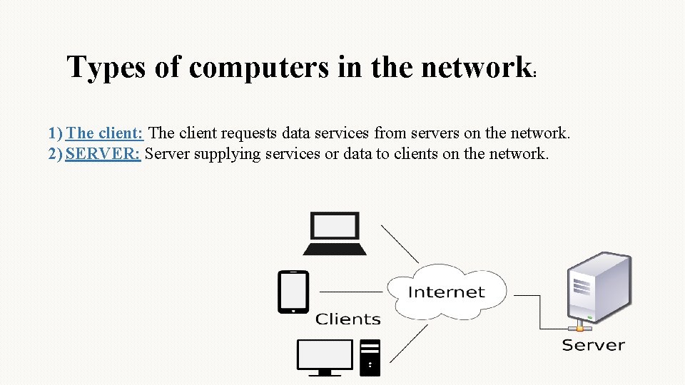 Types of computers in the network: 1) The client: The client requests data services Types of computers in the network: 1) The client: The client requests data services