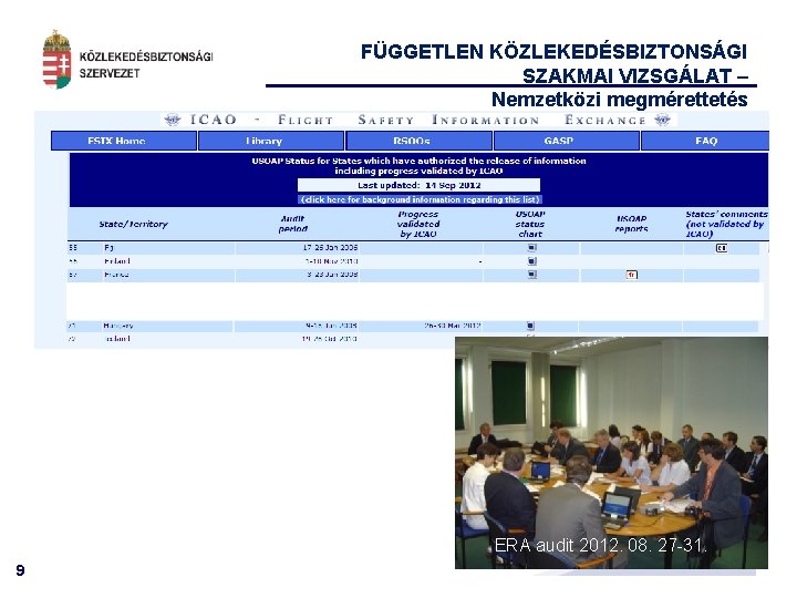 FÜGGETLEN KÖZLEKEDÉSBIZTONSÁGI SZAKMAI VIZSGÁLAT – Nemzetközi megmérettetés ERA audit 2012. 08. 27 -31. 9