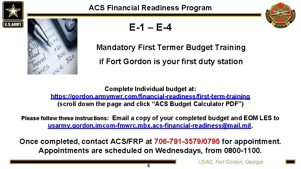 ACS Financial Readiness Program E-1 – E-4 Mandatory First Termer Budget Training if Fort