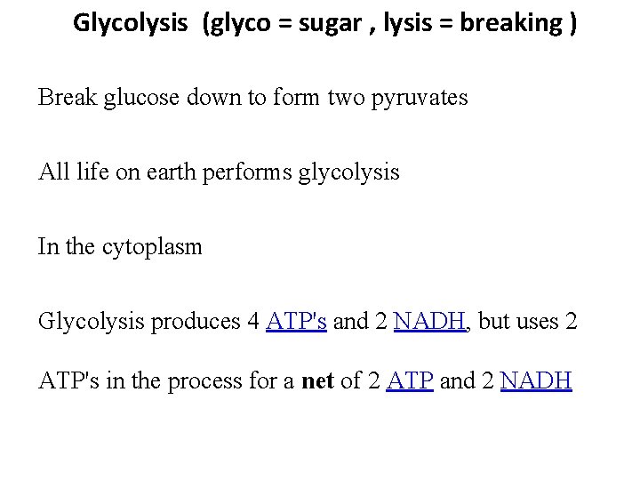 Glycolysis (glyco = sugar , lysis = breaking ) Break glucose down to form