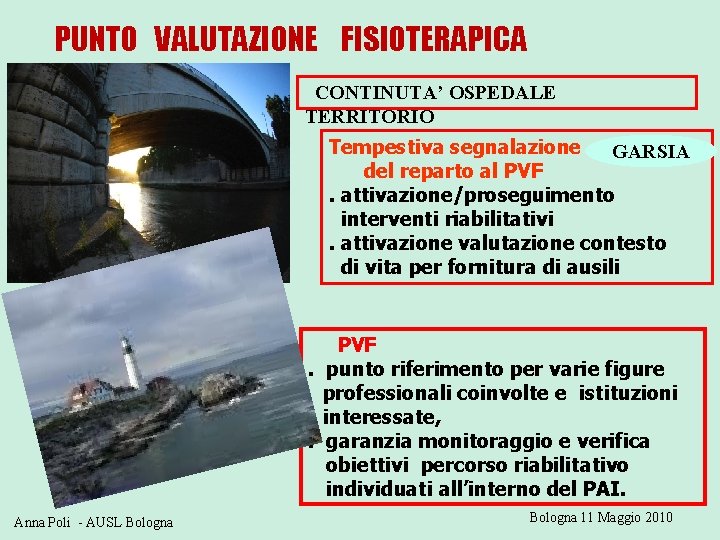 PUNTO VALUTAZIONE FISIOTERAPICA CONTINUTA’ OSPEDALE TERRITORIO Tempestiva segnalazione GARSIA del reparto al PVF. attivazione/proseguimento