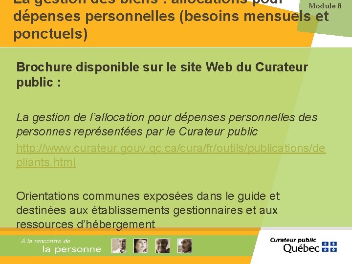 La gestion des biens : allocations pour Module 8 dépenses personnelles (besoins mensuels et