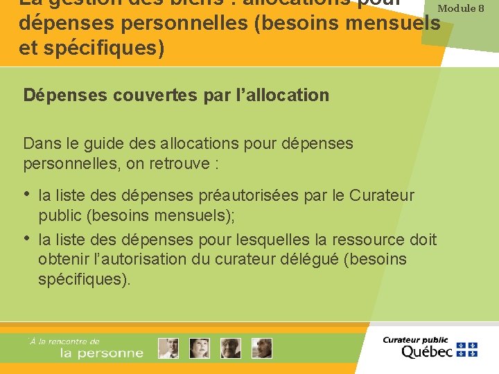 La gestion des biens : allocations pour Module 8 dépenses personnelles (besoins mensuels et