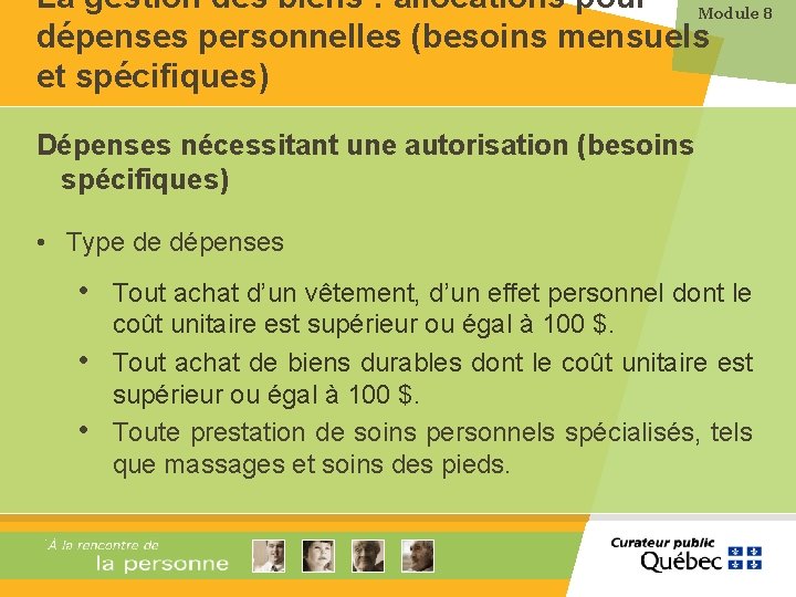 La gestion des biens : allocations pour Module 8 dépenses personnelles (besoins mensuels et