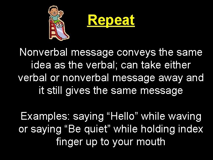 Repeat Nonverbal message conveys the same idea as the verbal; can take either Repeat-