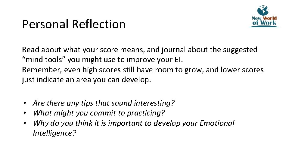 Personal Reflection Read about what your score means, and journal about the suggested “mind