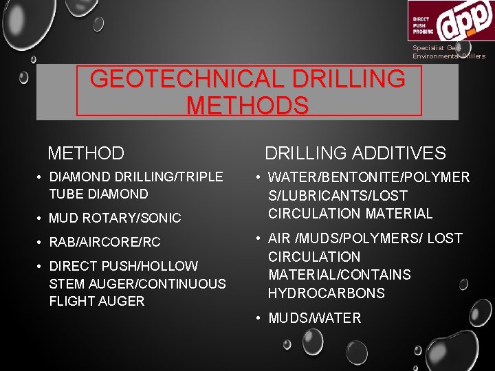 Specialist Geo. Environmental Drillers GEOTECHNICAL DRILLING METHODS METHOD • DIAMOND DRILLING/TRIPLE TUBE DIAMOND •