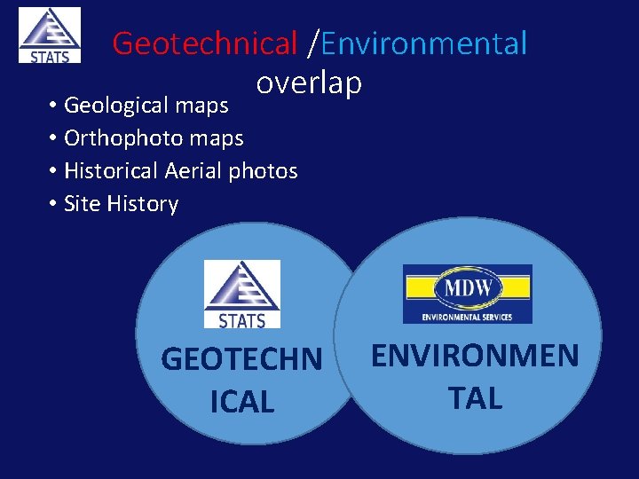 Geotechnical /Environmental overlap • Geological maps • Orthophoto maps • Historical Aerial photos •