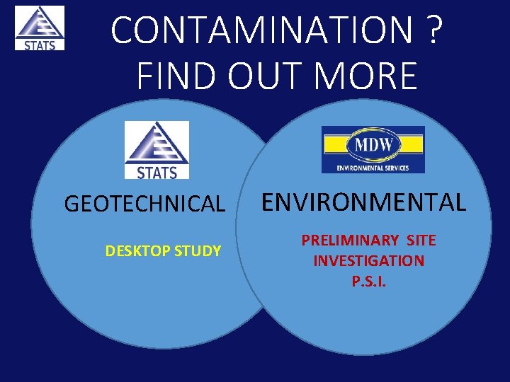 CONTAMINATION ? FIND OUT MORE GEOTECHNICAL DESKTOP STUDY ENVIRONMENTAL PRELIMINARY SITE INVESTIGATION P. S.