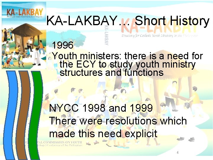 KA-LAKBAY… Short History 1996 Youth ministers: there is a need for the ECY to