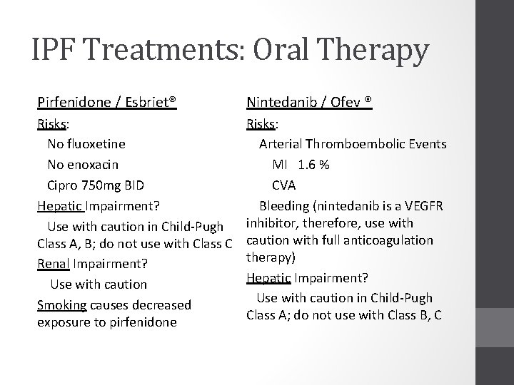 IPF Treatments: Oral Therapy Pirfenidone / Esbriet® Nintedanib / Ofev ® Risks: No fluoxetine