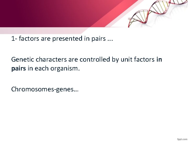 1 - factors are presented in pairs. . . Genetic characters are controlled by