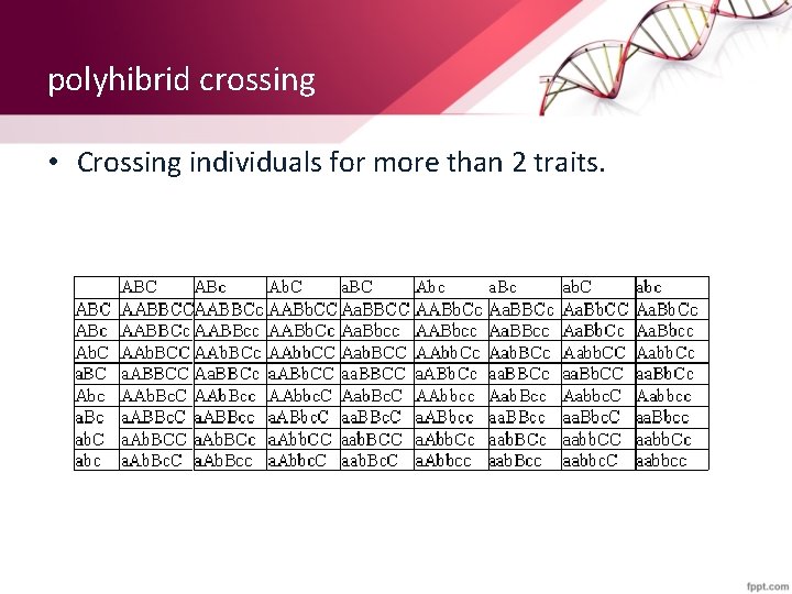 polyhibrid crossing • Crossing individuals for more than 2 traits. 