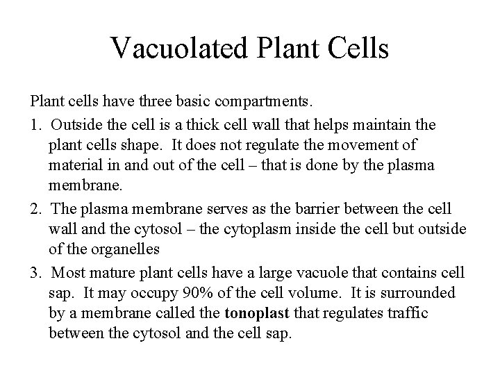 Vacuolated Plant Cells Plant cells have three basic compartments. 1. Outside the cell is