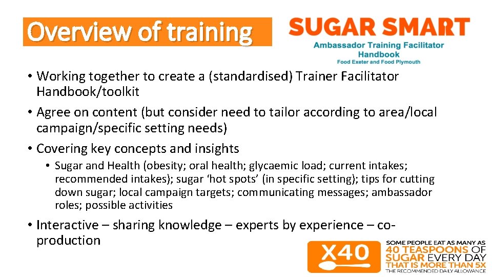 Overview of training • Working together to create a (standardised) Trainer Facilitator Handbook/toolkit •