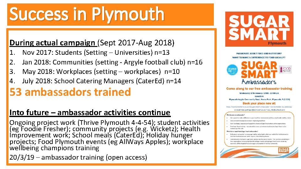Success in Plymouth During actual campaign (Sept 2017 -Aug 2018) 1. 2. 3. 4.