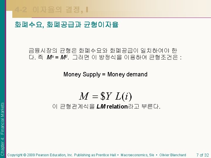 4 -2 이자율의 결정, I 화폐수요, 화폐공급과 균형이자율 금융시장의 균형은 화폐수요와 화폐공급이 일치하여야 한